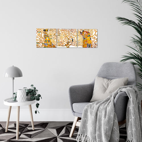 Runa Art - Bilder Gustav Klimt Baum des Lebens 120 x 40 cm 3 Teilig Wandbild auf Vlies Leinwand Gelb Mehrteilig Modern 700033a