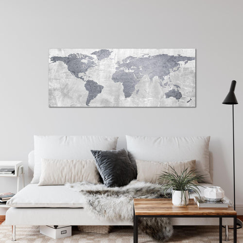 Runa Art Wandbild Weltkarte 1 Teilig 100 x 40 cm Modern Bild auf Vlies Leinwand Landkarte Beton Büro Wohnzimmer Grau 104312c