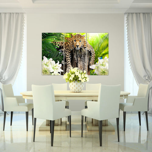 Runa Art Wandbilder Afrika Leopard Bild XXL Wohnzimmer Schlafzimmer Grün Raubkatze Dschungel 120 x 80 cm 3 Teilig 006731b