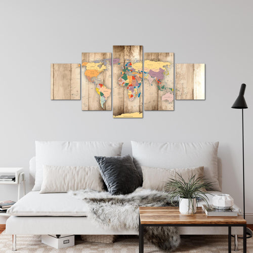 Runa Art - Bilder Weltkarte Holz 200 x 100 cm 5 Teilig XXL Wanddekoration Design Biege 108751a