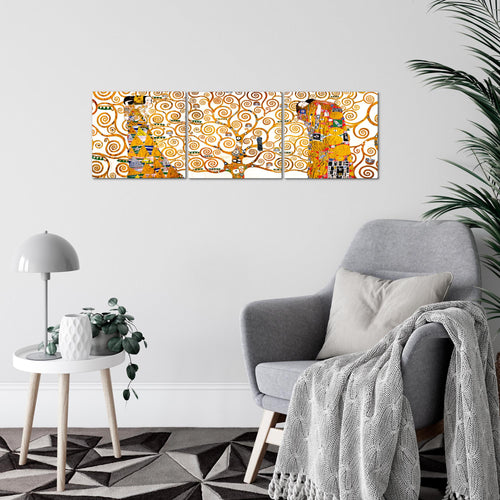 Runa Art - Bilder Gustav Klimt Baum des Lebens 120 x 40 cm 3 Teilig Wandbild auf Vlies Leinwand Gelb Mehrteilig Modern 700033a