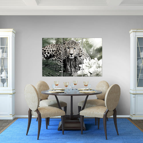 Runa Art Wandbilder Afrika Leopard Bild XXL Wohnzimmer Schlafzimmer Grün Raubkatze Dschungel 120 x 80 cm 3 Teilig 006731b