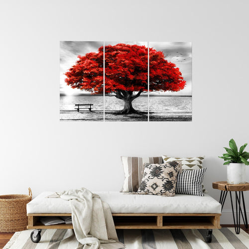 Runa Art Wandbilder Strand Sonnenuntergang Bild XXL Wohnzimmer Schlafzimmer Grau Rot Strand Baum 120 x 80 cm 3 Teilig 050631a