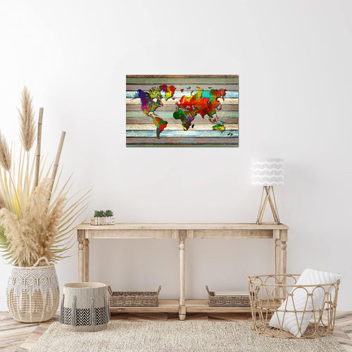 Runa Art Bild Weltkarte Modern Wandbilder Wohnzimmer Büro 1 Teilig - Made In Germany - Vintage Holz Bunt Flur 105415a