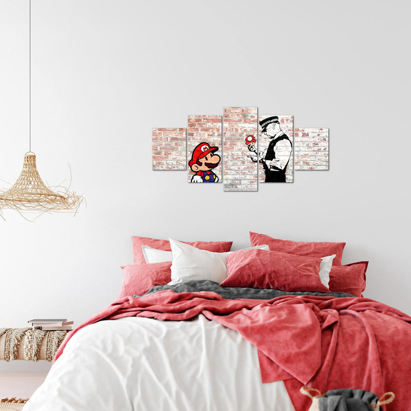 Runa Art Wandbilder Mario and Cop Banksy 5 Teilig Bild auf Vlies Leinwand Deko Jugendzimmer Wohnzimmer Street Art Braun Bunt 006552b
