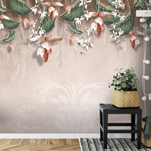 Novart Fototapeten 396 x 280 cm Blumen Blätter - Vlies Wanddekoration Wohnzimmer Schlafzimmer - Deutsche Manufaktur - grau N9122012a