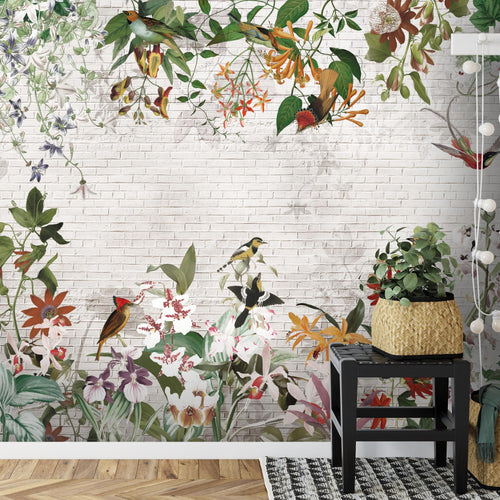 Novart Fototapeten 396 x 280 cm Blumen Vögel - Vlies Wanddekoration Wohnzimmer Schlafzimmer - Deutsche Manufaktur - Blätter Pflanze N9125012a