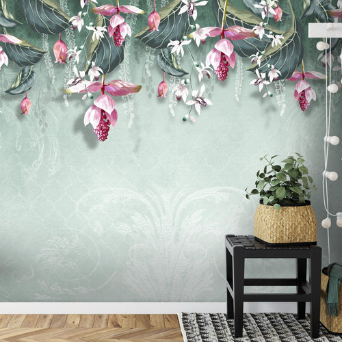 Novart Fototapeten 396 x 280 cm Blumen Blätter - Vlies Wanddekoration Wohnzimmer Schlafzimmer - Deutsche Manufaktur - grün N9122012b