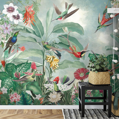 Novart Fototapete Blumen 396 x 280 cm Wandtapete Blumenwiese Vögel Wohnzimmer Schlafzimmer - N9127012a