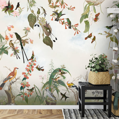 Novart Fototapete Blumen 396 x 280 cm Wandtapete Blumenwiese Vögel Wohnzimmer Schlafzimmer - N9124012a