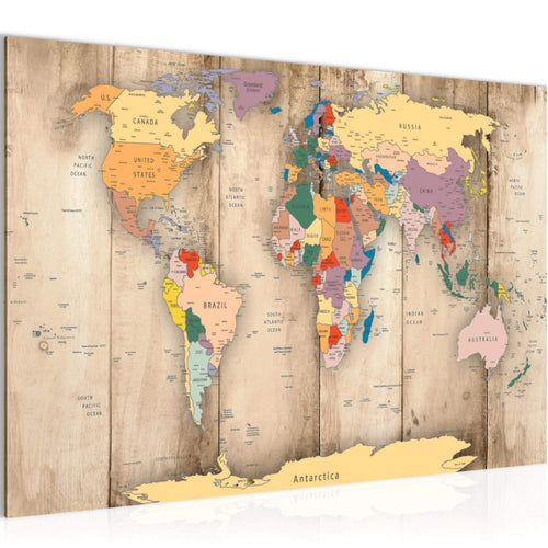 Runa Art Bild Weltkarte Holz Modern Wandbilder Wohnzimmer Büro 1 Teilig - Made In Germany - Kontinente Biege Flur 108715a