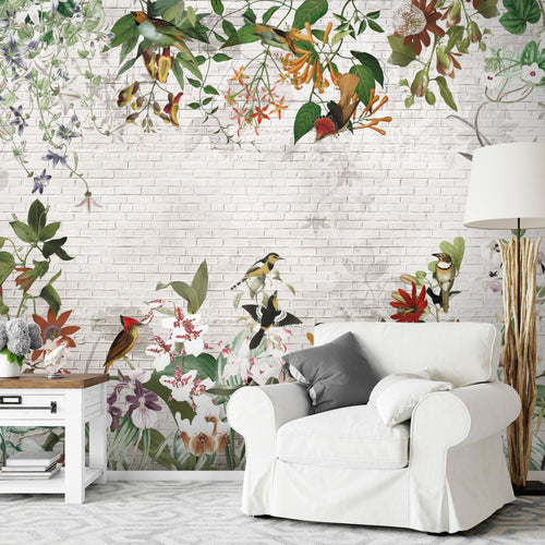 Novart Fototapeten 396 x 280 cm Blumen Vögel - Vlies Wanddekoration Wohnzimmer Schlafzimmer - Deutsche Manufaktur - Blätter Pflanze N9125012a