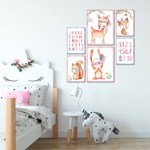 Novart Wandbilder Set Indianer Tiere Rosa - KEIN EXTRA RAHMEN BENÖTIGT -  Modern Deko  - Kinderzimmer Mädchen N016863a