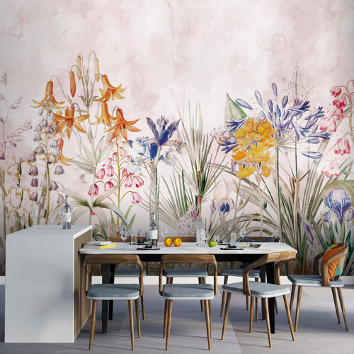 Novart Fototapete Blumen 396 x 280 cm Wandtapete Blumenwiese Rosa Wohnzimmer Schlafzimmer - N9131012a