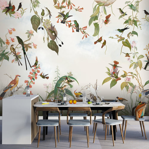 Novart Fototapete Blumen 396 x 280 cm Wandtapete Blumenwiese Vögel Wohnzimmer Schlafzimmer - N9124012a