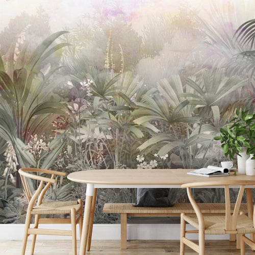 Novart Fototapete Dschungel 396 x 280 cm Wandtapete Blätter Blumen Grün Grau Wohnzimmer Schlafzimmer - N9123012a