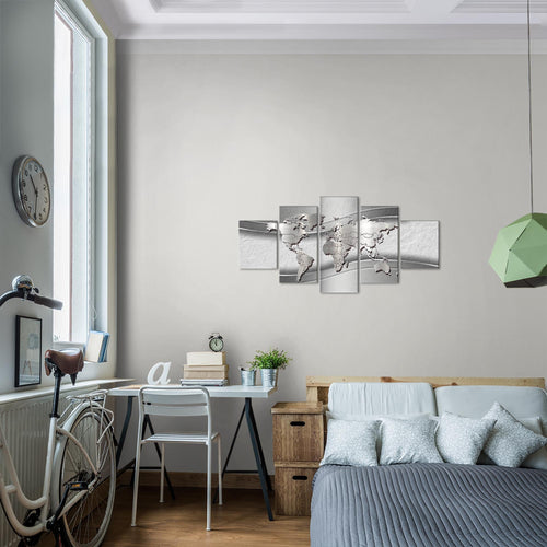 Runa Art - Bilder Weltkarte 200 x 100 cm 5 Teilig XXL Wanddekoration Design Silber 107251b