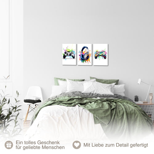 Novart Quadros Console di gioco Giocatore - Completamente Pronto Da Appendere - Sala giochi Ragazzi Adolescente Decorazione Elegante - Set 3 Pezzi Bianco - N038730a