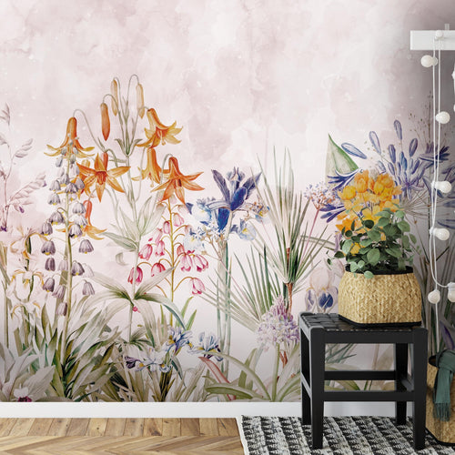 Novart Fototapete Blumen 396 x 280 cm Wandtapete Blumenwiese Rosa Wohnzimmer Schlafzimmer - N9131012a
