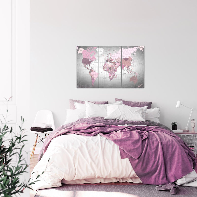 Runa Art Wandbilder Weltkarte Bild XXL Büro Wohnzimmer Rosa Grau Kontinente 120 x 80 cm 3 Teilig 023331c