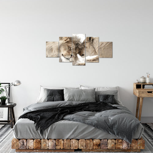 Runa Art Bild Wohnzimmer Schlafzimmer Löwen Liebe 5 Teilig Löwe und Löwin Beige Wandbilder auf Vlies Leinwand 002153b