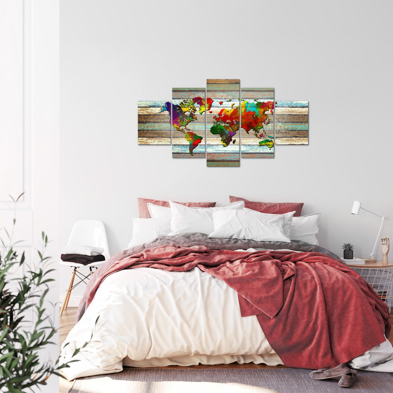 Runa Art Bild Büro Wohnzimmer Weltkarte 5 Teilig Vintage Holz Bunt Wandbilder auf Vlies Leinwand 105453a