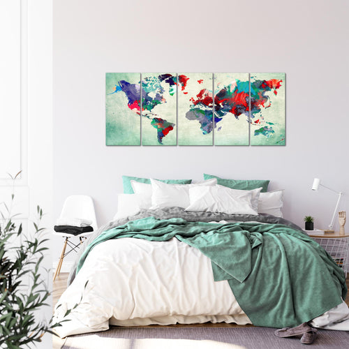 Runa Art Wandbild XXL Weltkarte Büro Wohnzimmer 200 x 80 cm Bunt Grün 5 Teilig - Made in Germany - 105155b
