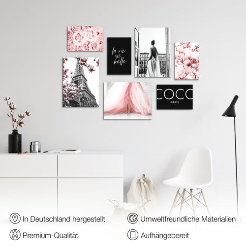 Novart Wandbilder Fashion Paris - KOMPLETT AUFHÄNGFERTIG - Rosa Wohnzimmer Mädchen Teenager - 7 Moderne Mood-Bilder - N008371a