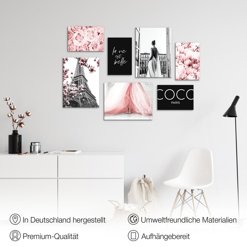 Novart Wandbilder Fashion Paris - KOMPLETT AUFHÄNGFERTIG - Rosa Wohnzimmer Mädchen Teenager - 7 Moderne Mood-Bilder - N008371a