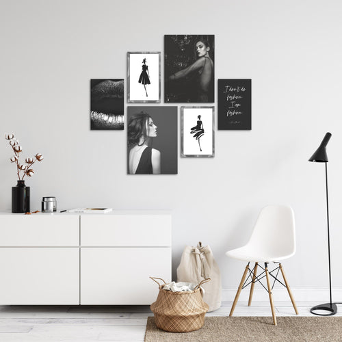 Novart Wandbilder Set Fashion Schwarz Weiss - KEIN EXTRA RAHMEN BENÖTIGT -  Modern Deko  - Wohnzimmer Mädchen Teenager N000863a