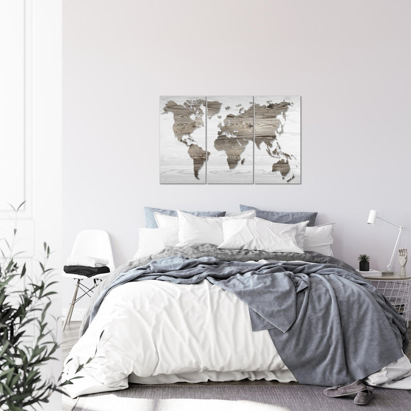 Runa Art Wandbilder Weltkarte Bild XXL Büro Wohnzimmer Schwarz Weiss Holzwand 120 x 80 cm 3 Teilig 035031c