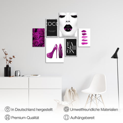 Novart Wandbilder Set Fashion Schwarz Weiss Violett - KEIN EXTRA RAHMEN BENÖTIGT -  Modern Deko  - Wohnzimmer Mädchen Teenager N002263c
