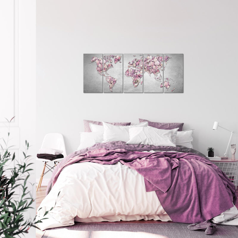 Runa Art Bild Weltkarte Blumen Wandbilder auf Vlies Leinwand 5 Teilig Wanddekoration Wohnzimmer Schlafzimmer 023256a