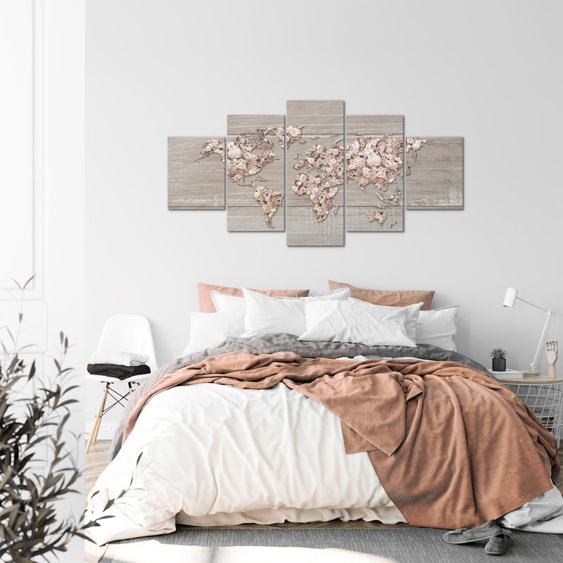 Runa Art - Bilder Weltkarte Blumen 200 x 100 cm 5 Teilig XXL Wanddekoration Design Beige Braun 023251c