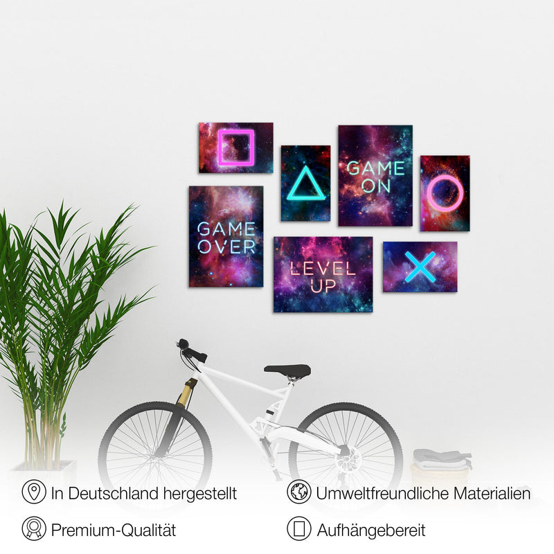 Novart Wandbilder Spielkonsole - KOMPLETT AUFHÄNGFERTIG - Gamer Kinderzimmer Junge Teenager - 7 Moderne Mood-Bilder - N021471a