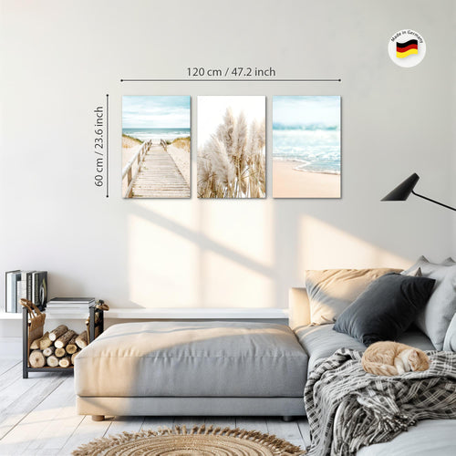 Novart Bilder Set Landschaft - KEIN EXTRA RAHMEN BENÖTIGT - Wandbilder für Wohnzimmer Schlafzimmer Büro - 3 Teilig Deko Strand - N004836a
