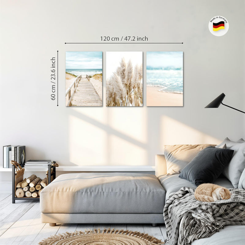 Novart Bilder Set Landschaft - KEIN EXTRA RAHMEN BENÖTIGT - Wandbilder für Wohnzimmer Schlafzimmer Büro - 3 Teilig Deko Strand - N004836a