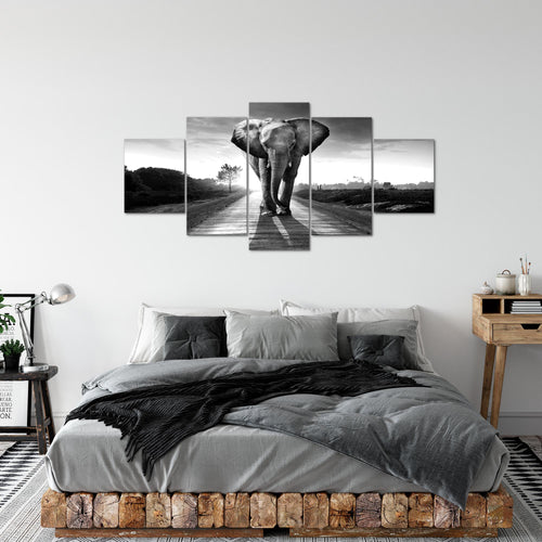 Runa Art - Bilder Afrika Elefant 200 x 100 cm 5 Teilig XXL Wanddekoration Design Schwarz Weiss 042651c