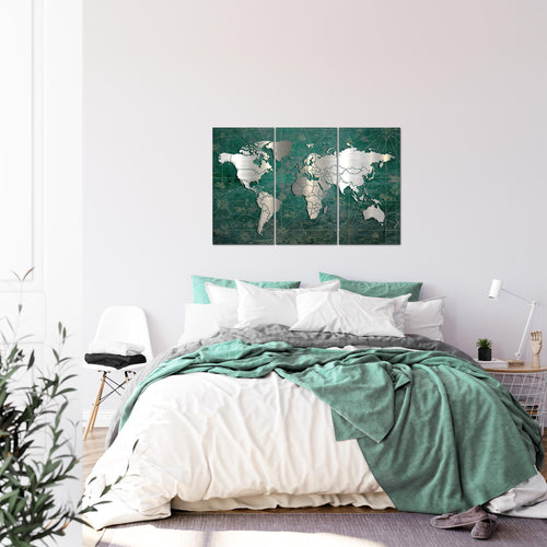 Runa Art Wandbilder Weltkarte Bild XXL Büro Wohnzimmer Grün Silber Vintage 120 x 80 cm 3 Teilig 109031c
