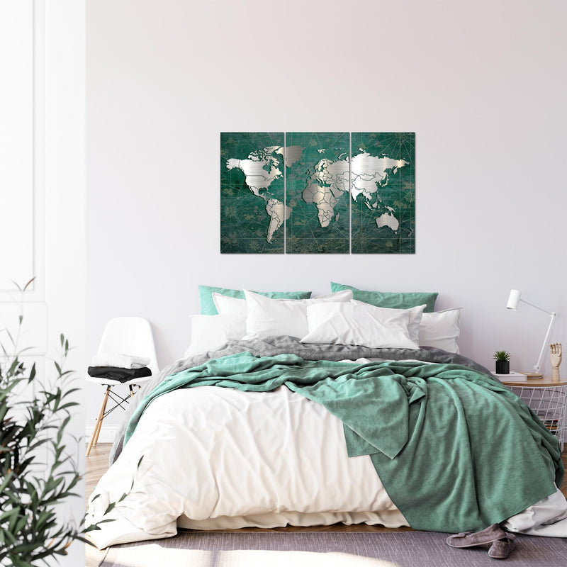 Runa Art Wandbilder Weltkarte Bild XXL Büro Wohnzimmer Grün Silber Vintage 120 x 80 cm 3 Teilig 109031c
