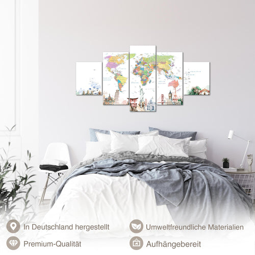 Runa Art - Bilder Weltkarte 200 x 100 cm 5 Teilig XXL Wanddekoration Design Weltkarte Blau 056051a