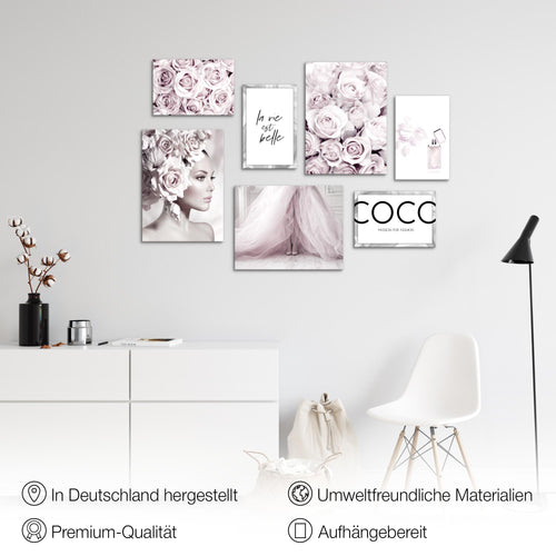 Novart Wandbilder Coco Fashion - KOMPLETT AUFHÄNGFERTIG - Grau Rosa Wohnzimmer Mädchen Teenager - 7 Moderne Mood-Bilder - N000771a