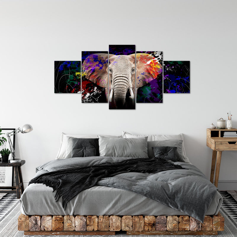 Runa Art - Bilder Tiere Bunt Elefant 200 x 100 cm 5 Teilig XXL Wanddekoration Design Schwarz 040851c