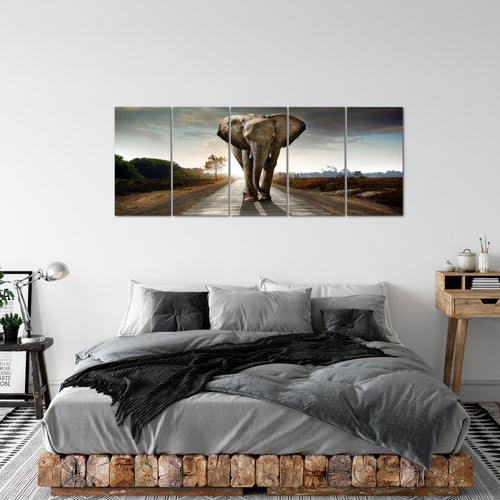 Runa Art Wandbild XXL Afrika Elefant Wohnzimmer Schlafzimmer 200 x 80 cm Braun 5 Teilig - Made in Germany - 042655a