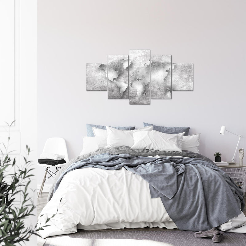 Runa Art Bild Büro Wohnzimmer Weltkarte 5 Teilig Textur beton Grau Wandbilder auf Vlies Leinwand 025753c