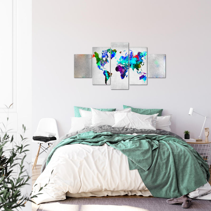 Runa Art Bild Büro Wohnzimmer Weltkarte 5 Teilig Stein Beton Bunt Wandbilder auf Vlies Leinwand 108853b