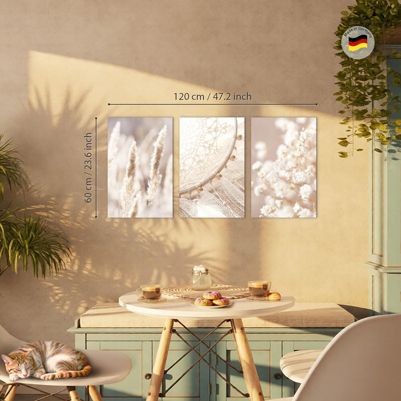 Novart Bilder Set Blumen Pflanzen - KEIN EXTRA RAHMEN BENÖTIGT - Wandbilder für Wohnzimmer Schlafzimmer Büro - 3 Teilig Deko Gräser - N008736a