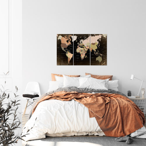 Runa Art Wandbilder Weltkarte Bild XXL Büro Wohnzimmer Schwarz Braun Kontinente 120 x 80 cm 3 Teilig 023331a