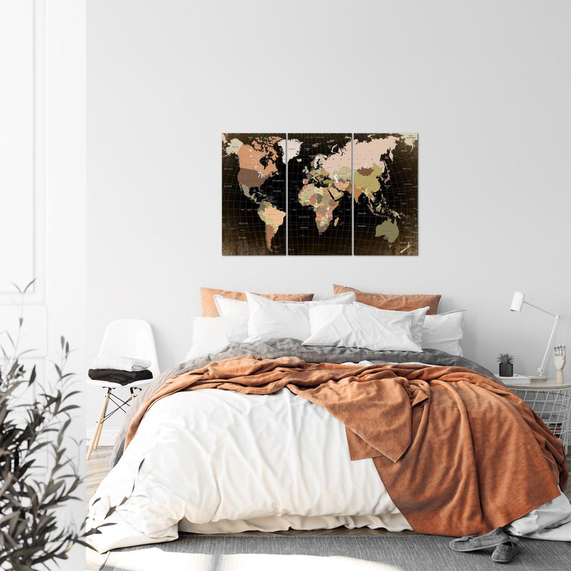 Runa Art Wandbilder Weltkarte Bild XXL Büro Wohnzimmer Schwarz Braun Kontinente 120 x 80 cm 3 Teilig 023331a