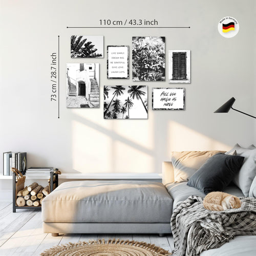 Novart Wandbilder Alte Stadt Palmen - KOMPLETT AUFHÄNGFERTIG - Schwarz Weiss Wohnzimmer Schlafzimmer - 7 Moderne Mood-Bilder - N015071a